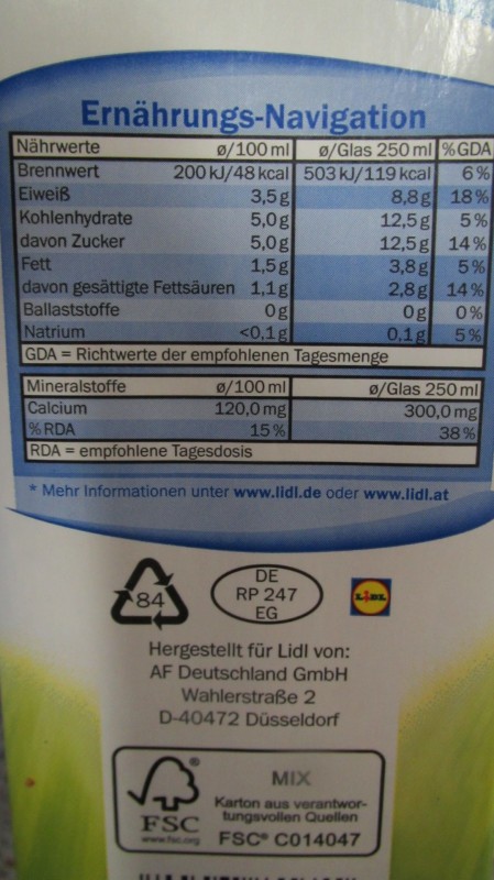 Milbona Lidl Haltbare Fettarme Milch 1 5 Fett Kalorien